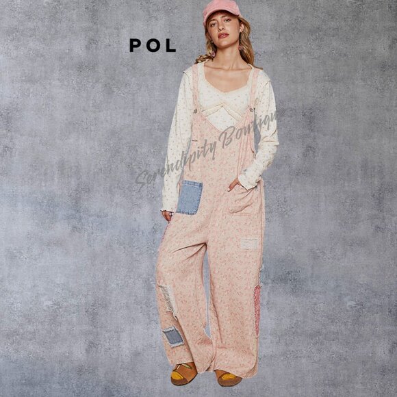 POL Farmers Suspender Overalls Wide Leg Floral Patchwork Denim Bib Overalls - Picture 7 of 11